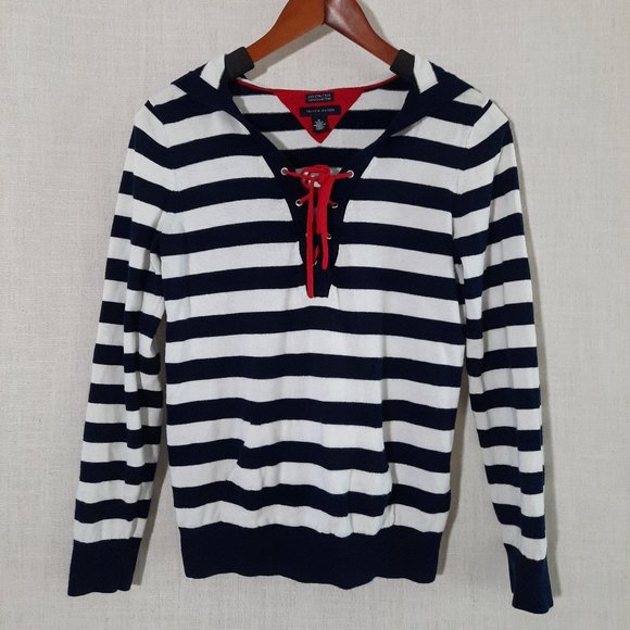 Tommy Hilfiger Sweaters - Tommy Hilfiger Hoodie Sweater w/ Front Pocket, Dark Blue/White Stripe